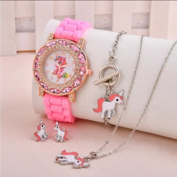 - Girls Unicorn Watch + Necklace + Earrings Set..PINK..NWT - Picture 4 of 6